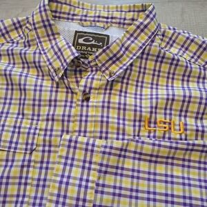 Drake X Lsu Tigers Fishing Shirt Long Sleeve Plaid Purple Gold XL EUC